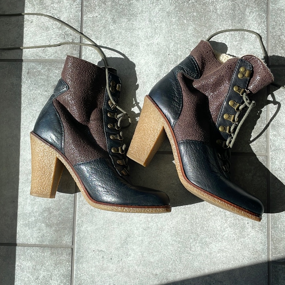 Sam Edelman Siede Ankle Boots Brown Lace Up Combat Chunky Rubber Heel